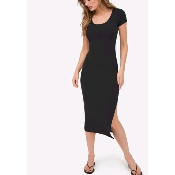 NEW Mate The Label Tencel Rib Short Sleeve Midi Dress XL Black Side Slit Stretch - Picture 5 of 12